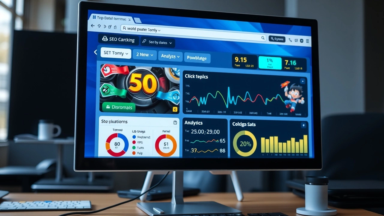 écran d'ordinateur avec plateforme de jeu et outils SEO