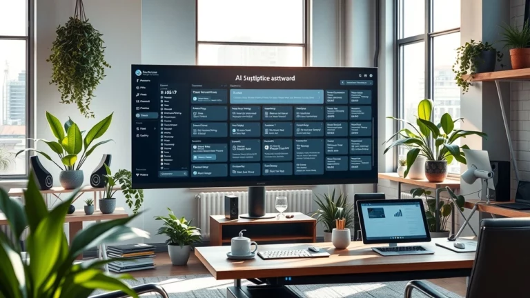 Un environnement de travail moderne avec une interface IA pour enrichir une base de données de mots-clés.