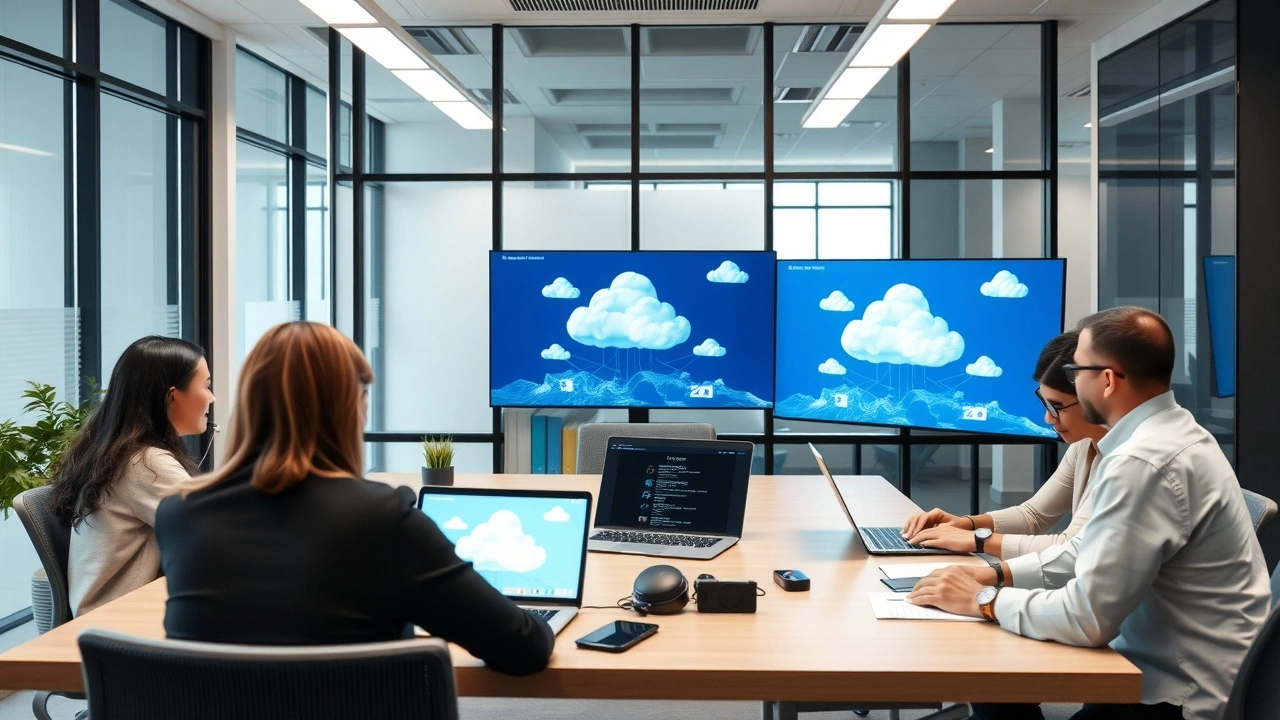 équipe en réunion avec ordinateurs et graphiques cloud