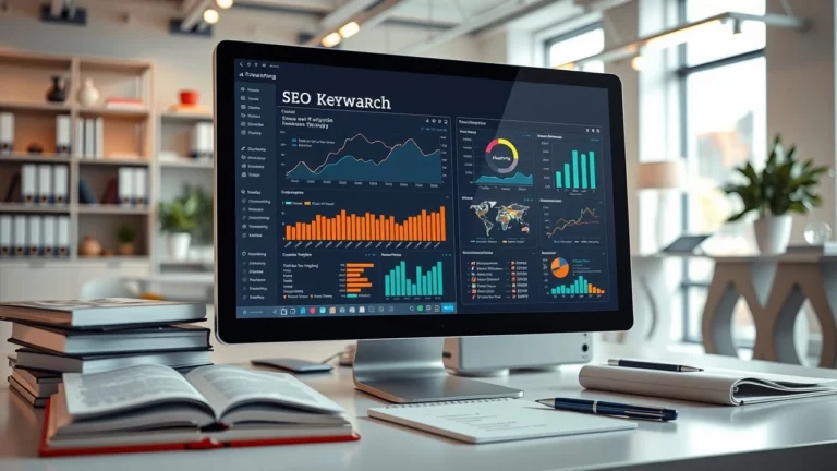 Une représentation photoréaliste d'un espace de travail numérique axé sur la recherche de mots-clés SEO.