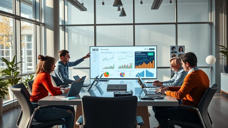 Une image illustrant des professionnels travaillant ensemble sur l'analyse des données SEO avec l'aide de l'IA.