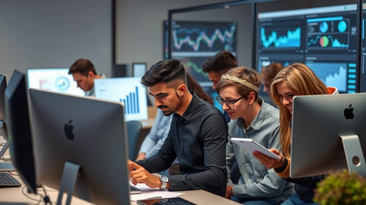groupe divers utilisant des ordinateurs pour analyser des données