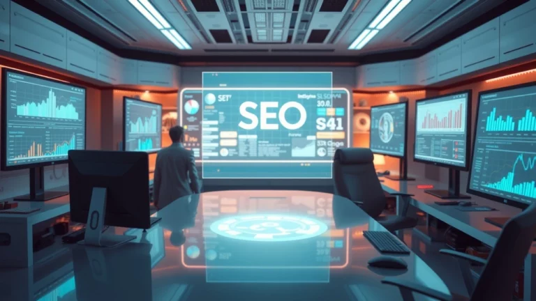 Une scène futuriste où l'IA analyse des tendances SEO.
