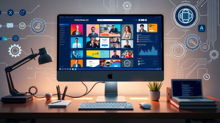 Une représentation photoréaliste d'un espace de travail numérique axé sur la personnalisation du contenu pour le SEO à l'ère de l'IA.