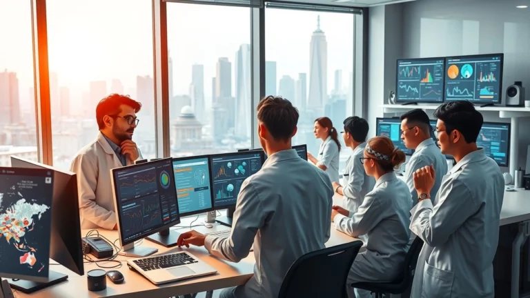 Une illustration d'un laboratoire de recherche sur l'intelligence artificielle et les tendances de recherche, avec des scientifiques travaillant ensemble.