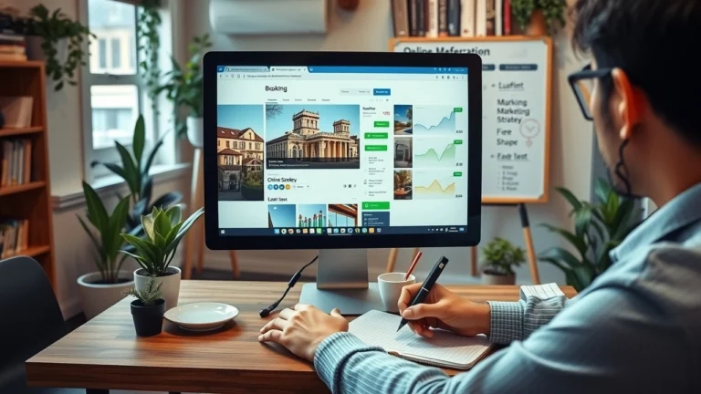 Une scène de bureau illustrant l'optimisation SEO d'un site de réservation, avec une personne analysant des données.