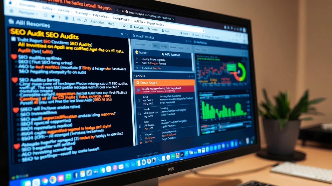 ordinateur avec analyse SEO et outils d'IA