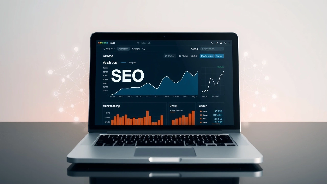 un ordinateur portable avec des analyses SEO et des elements IA