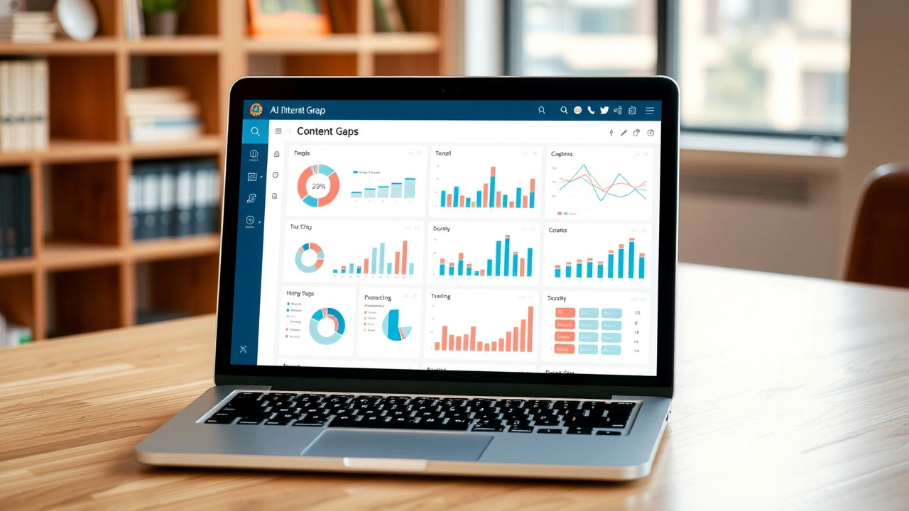 ordinateur portable affichant un outil d'IA analysant les lacunes de contenu