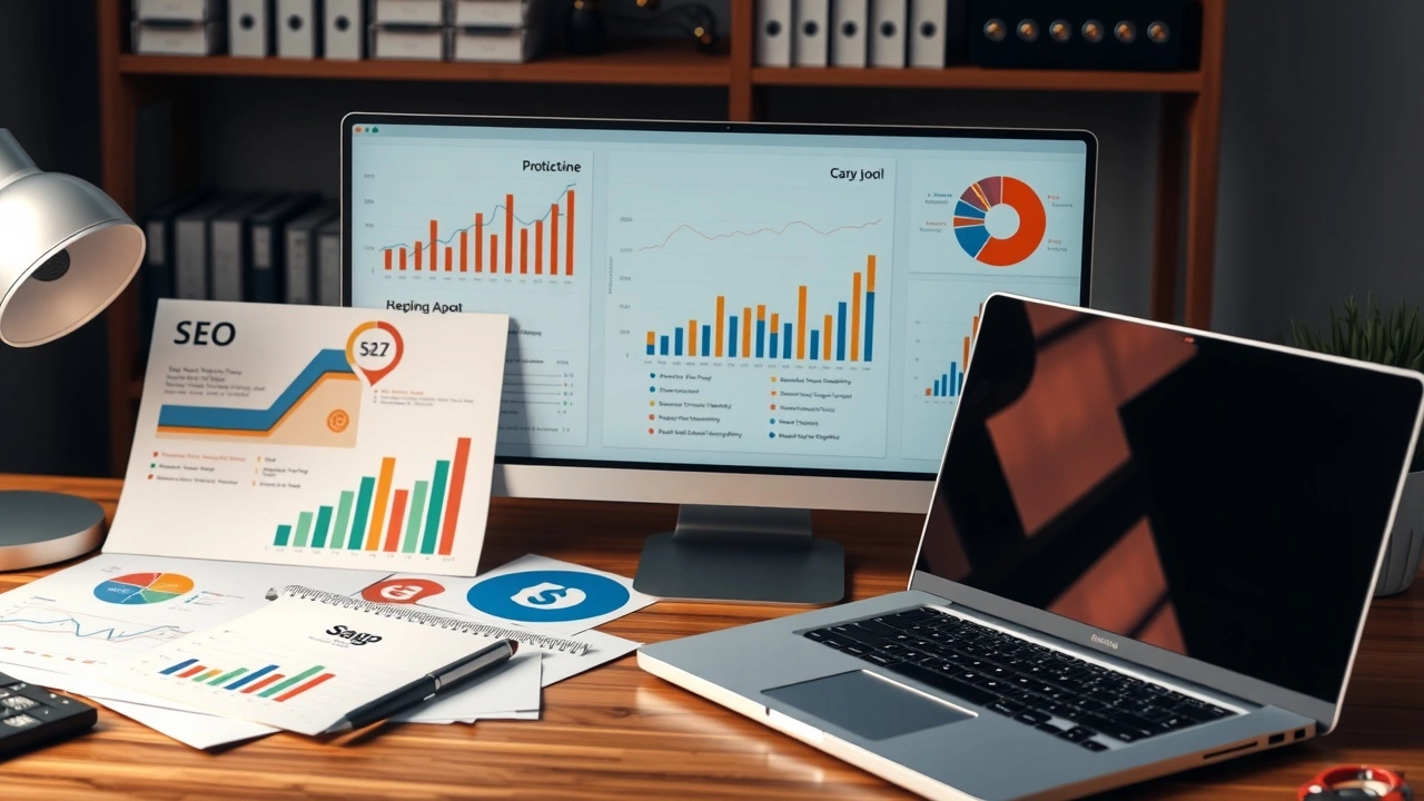 outils SEO sur un bureau avec graphiques et ordinateur