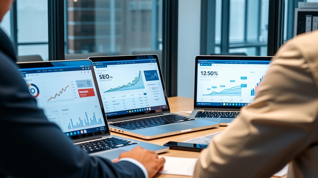 réunion d'affaires avec ordinateurs analysant l'IA SEO
