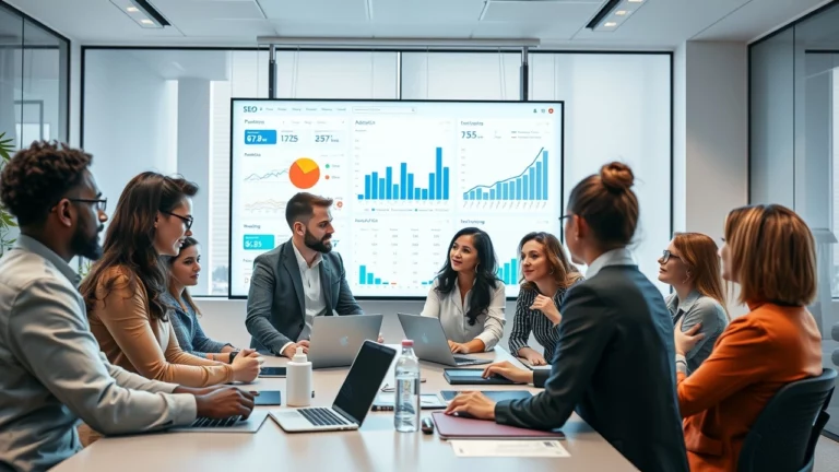 Scène moderne illustrant une équipe discutant des stratégies SEO avec des outils d'IA.