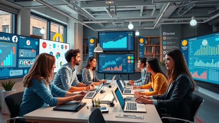 Un espace de travail dynamique avec des professionnels discutant de stratégies SEO pour le commerce social.