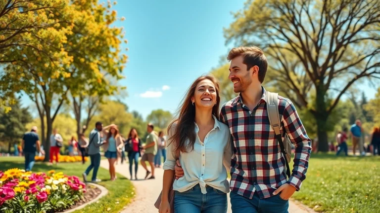 Une scène illustrant un couple explorant un parc, symbolisant les connexions des plateformes de rencontre.