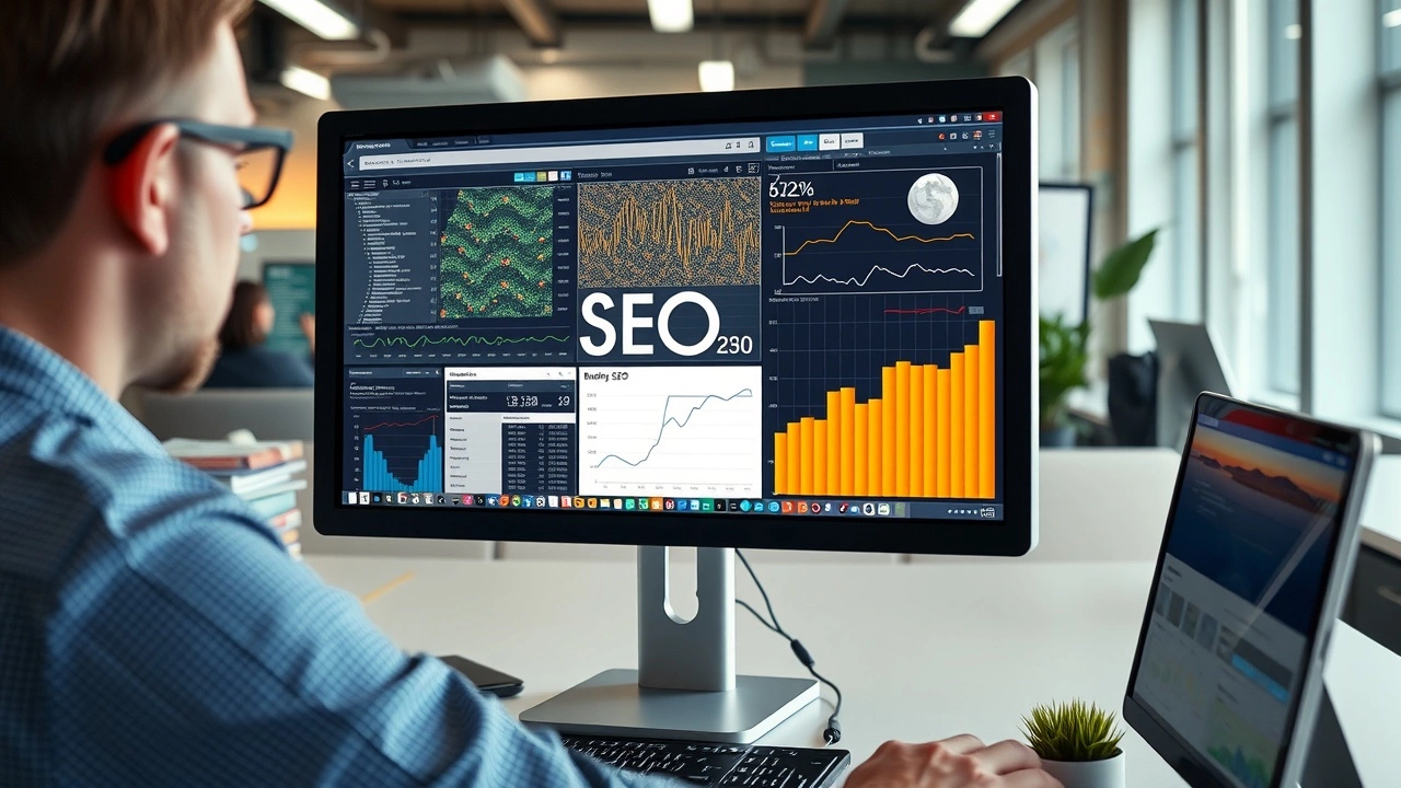 person consultant analyse donnees seo sur ordinateur