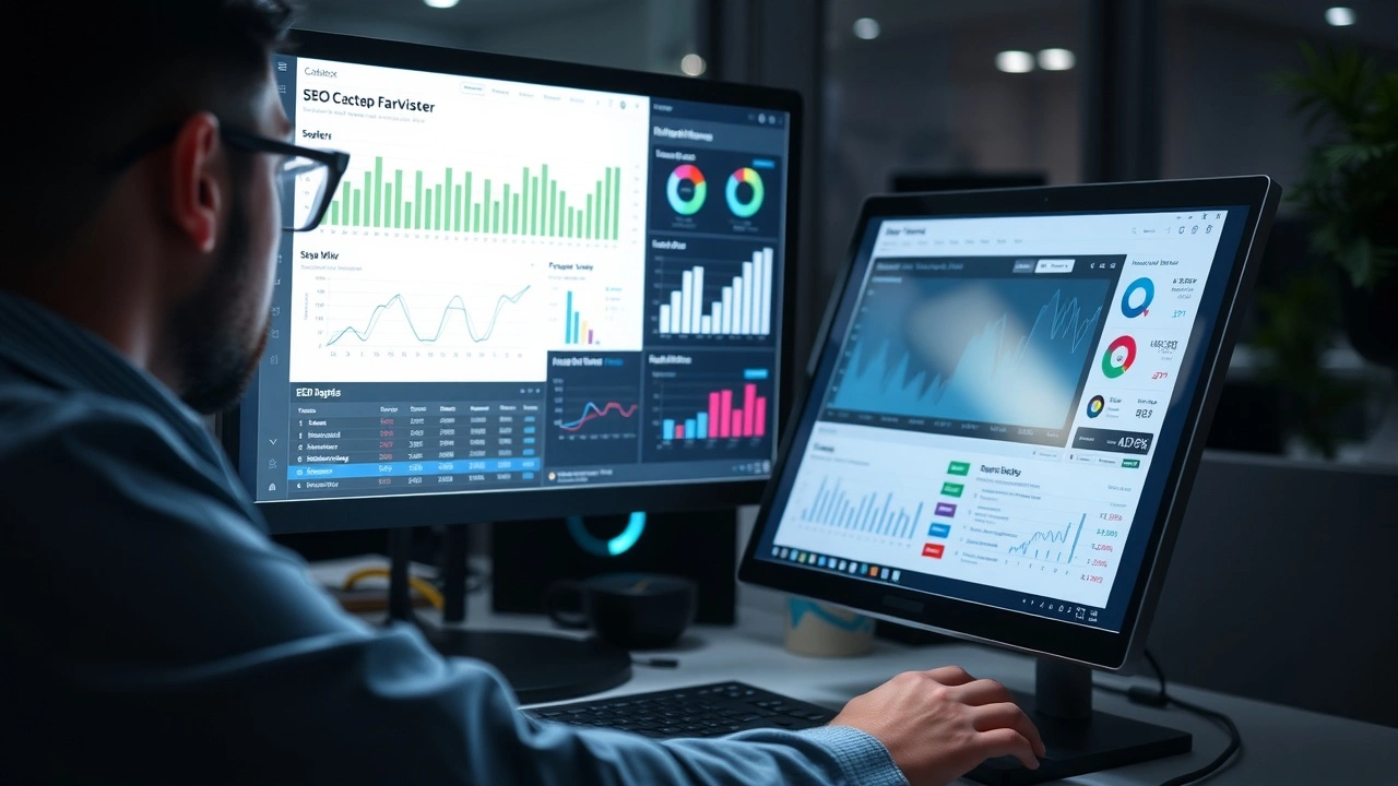 marketeur analysant des donnees SEO sur ordinateur