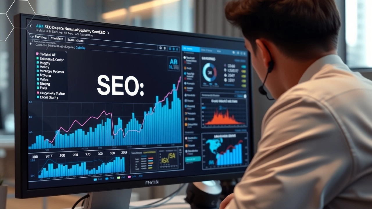 person regardant des donnees SEO et IA sur un ecran d ordinateur