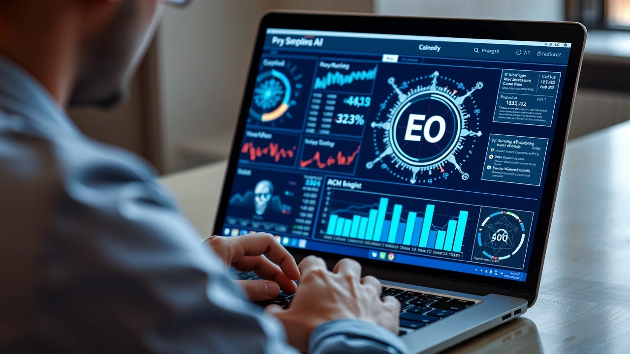 person utilisant un ordinateur pour le SEO et lIA