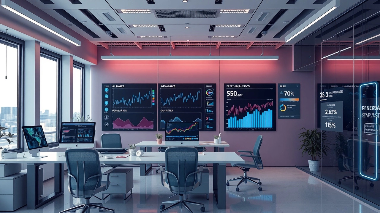 bureau futuriste avec outils de SEO et technologie IA