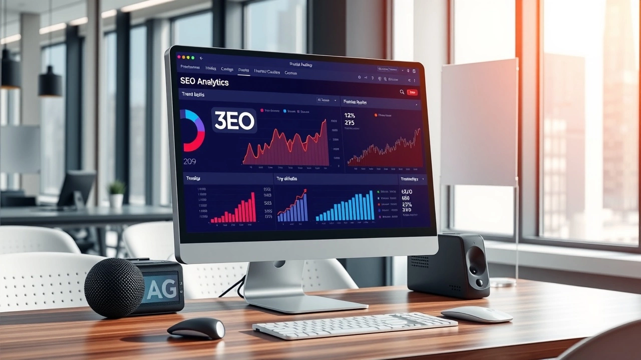 bureau moderne avec ordinateur affichant des outils SEO
