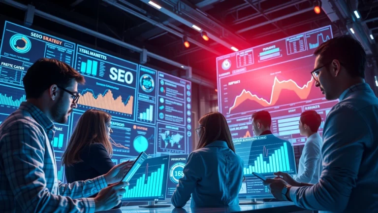 Bureau moderne avec des professionnels analysant des données SEO