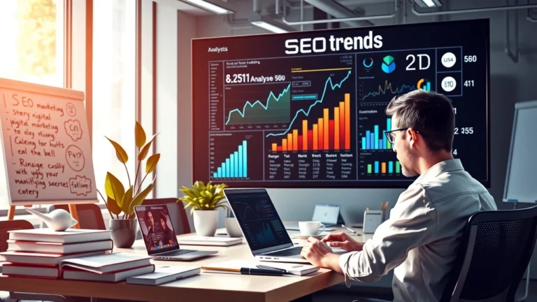 Une scène d'un bureau moderne avec une personne utilisant des technologies avancées pour analyser les tendances SEO.