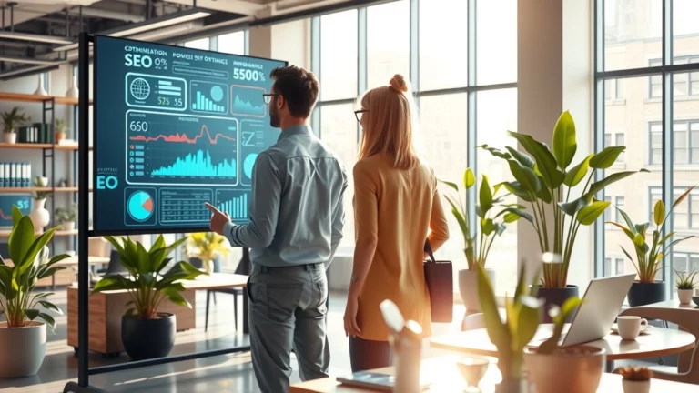 Une scène de bureau futuriste illustrant l'utilisation de l'IA pour optimiser les stratégies SEO.