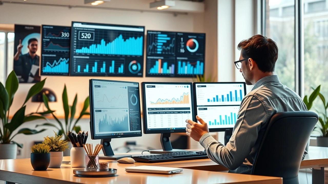 Bureau moderne avec une personne utilisant des outils d'IA pour optimiser sa stratégie de contenu SEO.