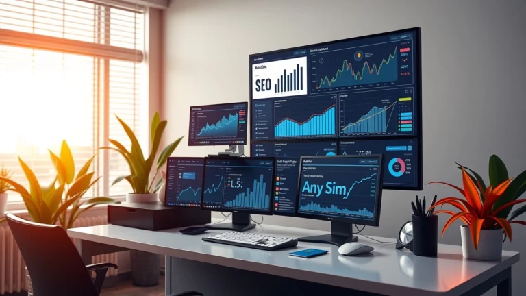 Un bureau moderne avec des écrans affichant des analyses SEO en temps réel et des graphiques dynamiques.