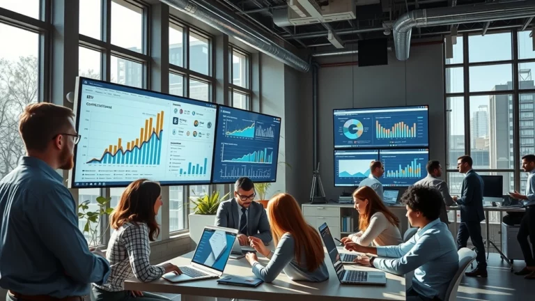 Bureau moderne de télécommunications avec des professionnels analysant des données SEO.