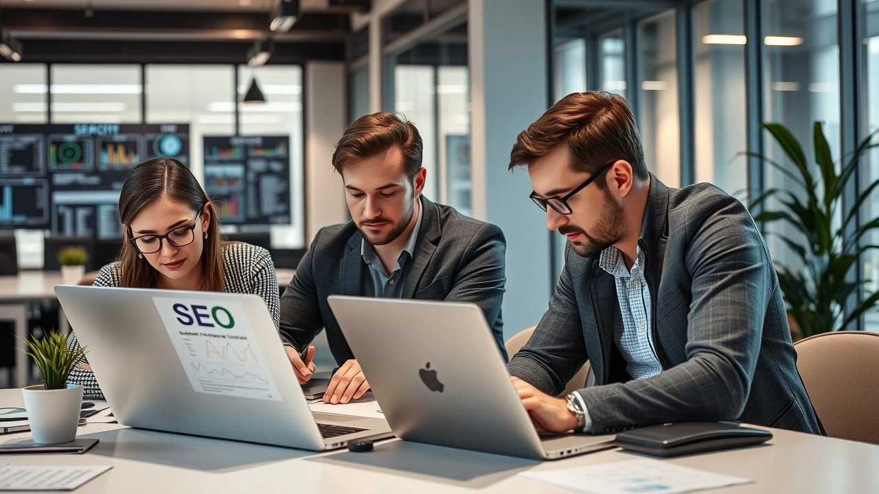équipe d'experts SEO travaillant sur des ordinateurs