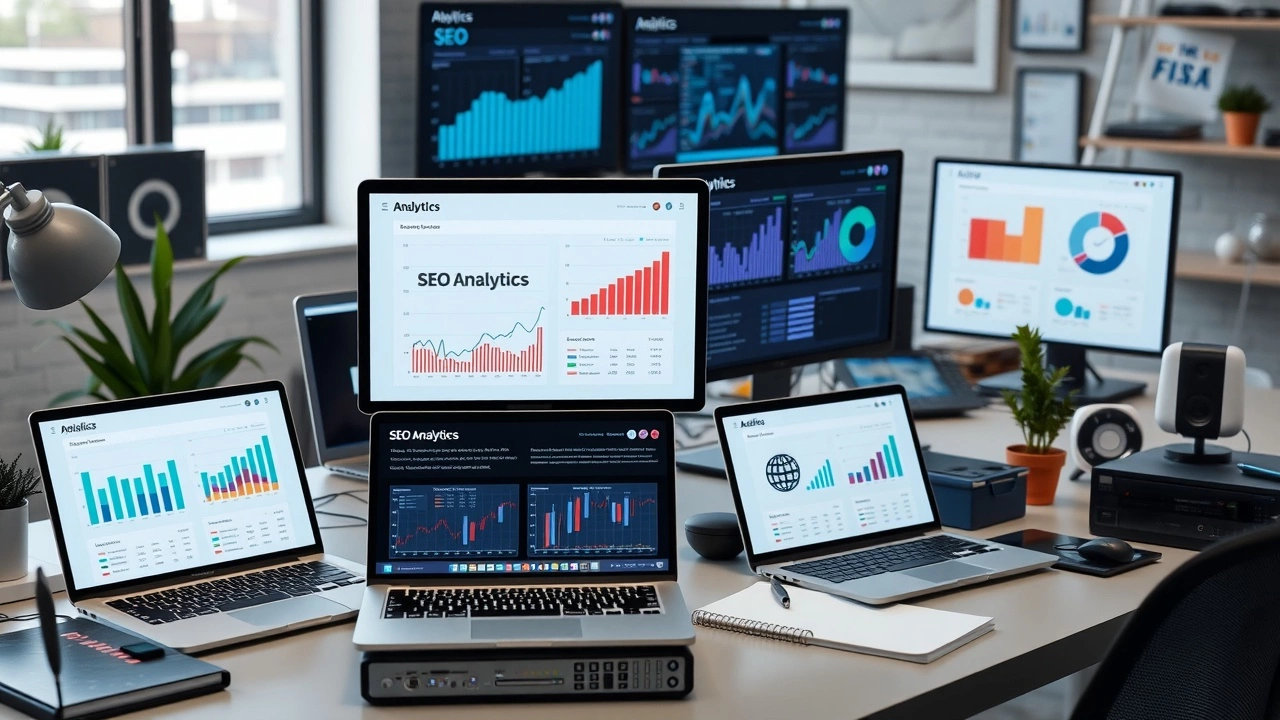 espace de travail moderne avec outils SEO et interfaces IA