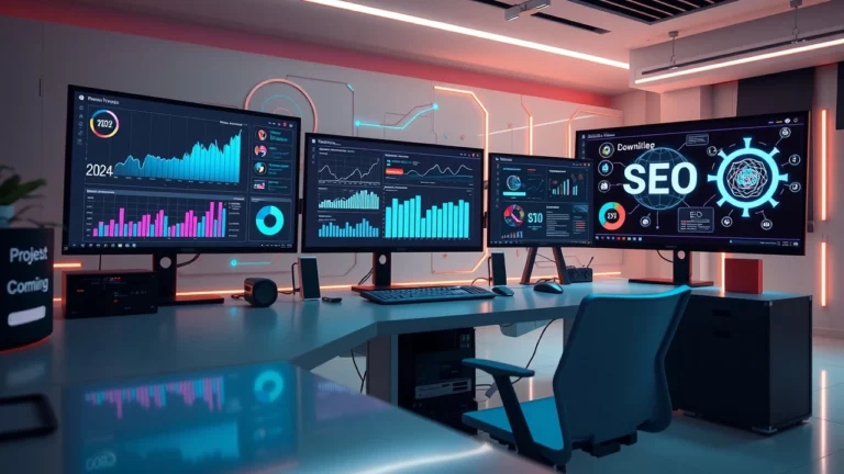 Un espace de travail numérique moderne avec des écrans affichant l'analyse des tendances SEO de 2024.