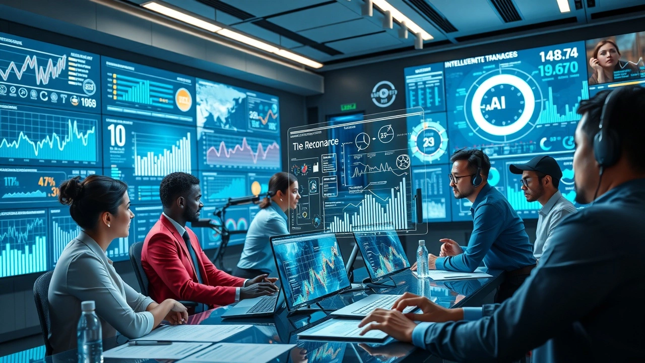 Un espace de travail digital futuriste illustrant l'IA améliorant le SEO