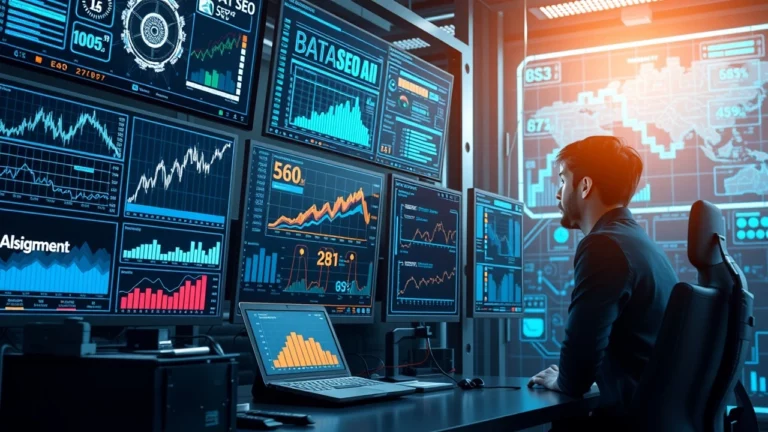 Un espace de travail numérique futuriste avec l'intelligence artificielle analysant des données SEO.