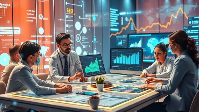 Une image représentant des professionnels analysant des données sur le SEO avec l'IA.