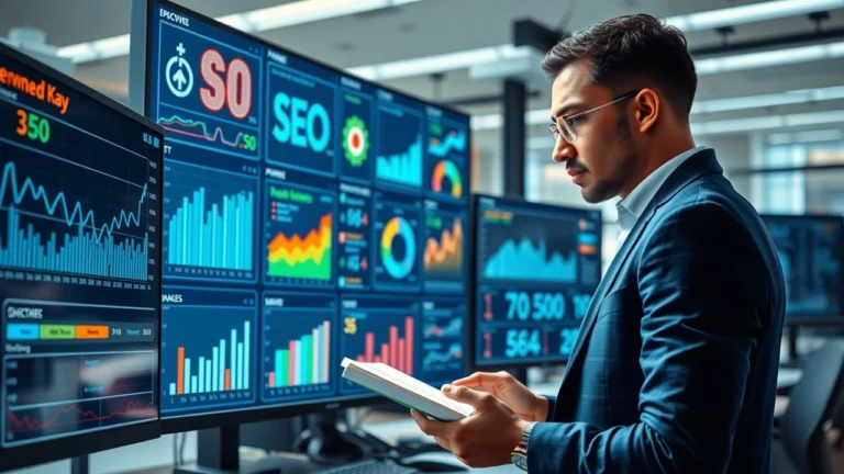 Une illustration montrant l'analyse des innovations SEO avec des graphiques IA dans un bureau moderne.