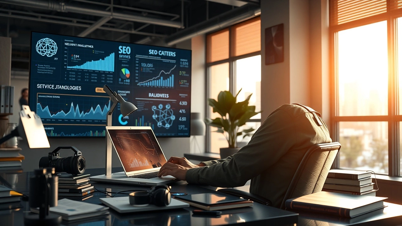 Une scène illustrant un expert en marketing digital travaillant sur une stratégie SEO avec l'IA.