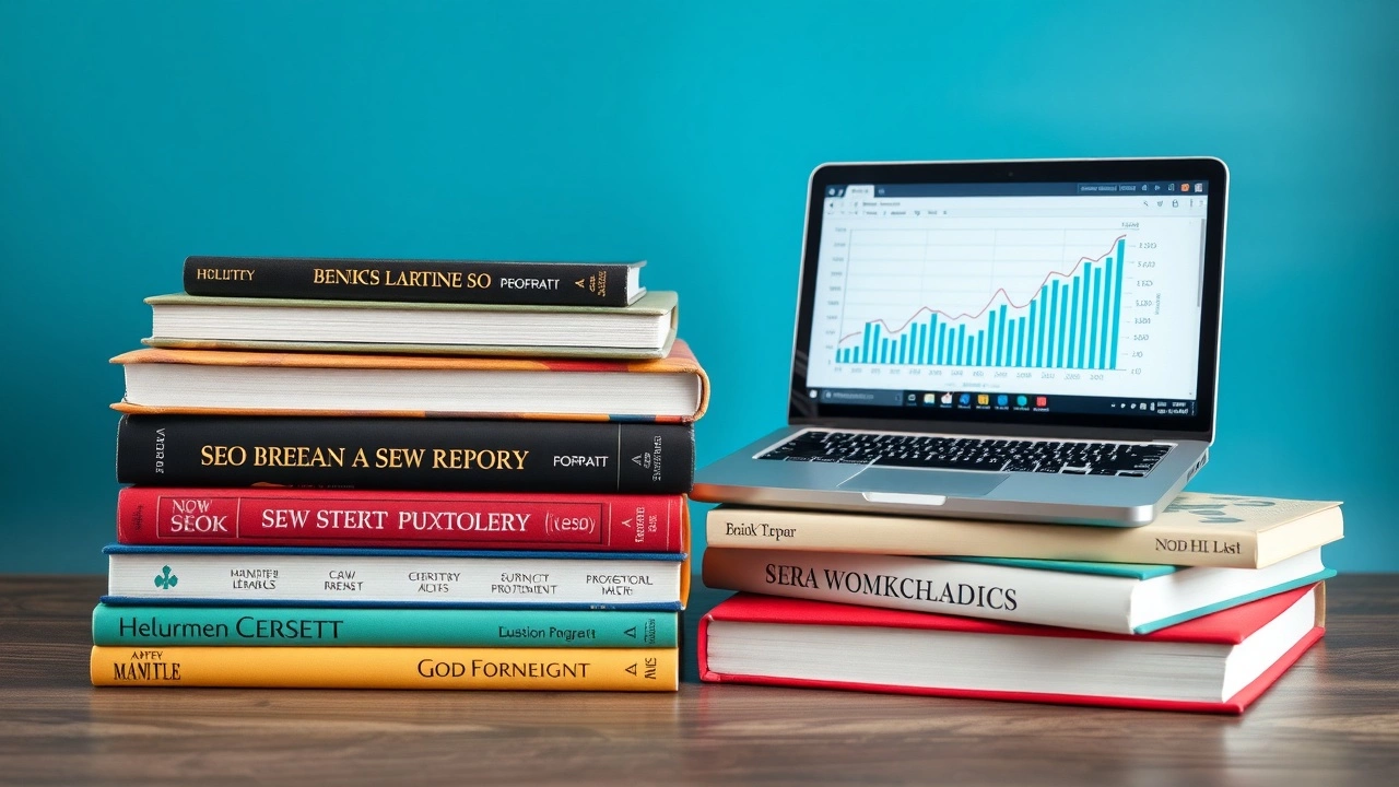 divers livres sur le seo et un ordinateur