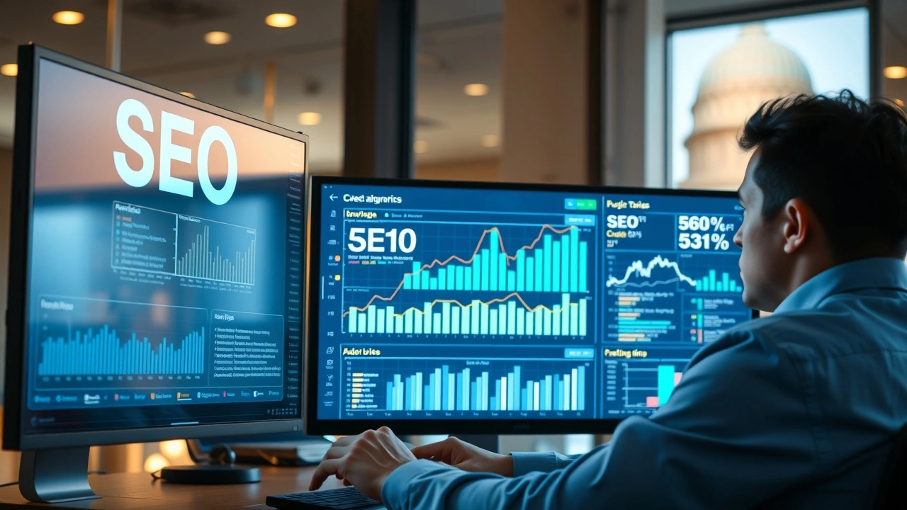 person utilisant un ordinateur pour analyser des données SEO