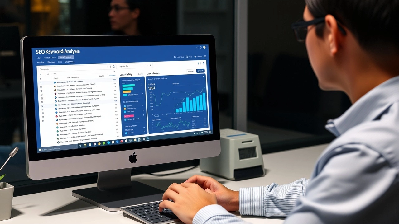 person analysant des mots-clés SEO sur un ordinateur