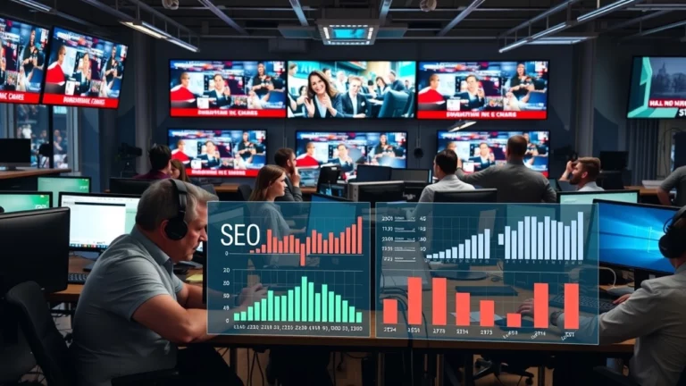 Un environnement de salle de presse moderne avec des journalistes au travail et des écrans affichant des analyses SEO.
