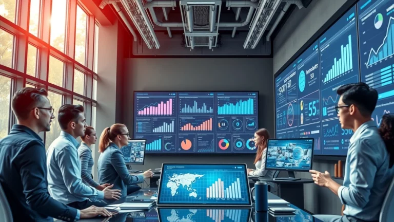 Un environnement de bureau futuriste montrant des professionnels analysant les innovations en SEO.