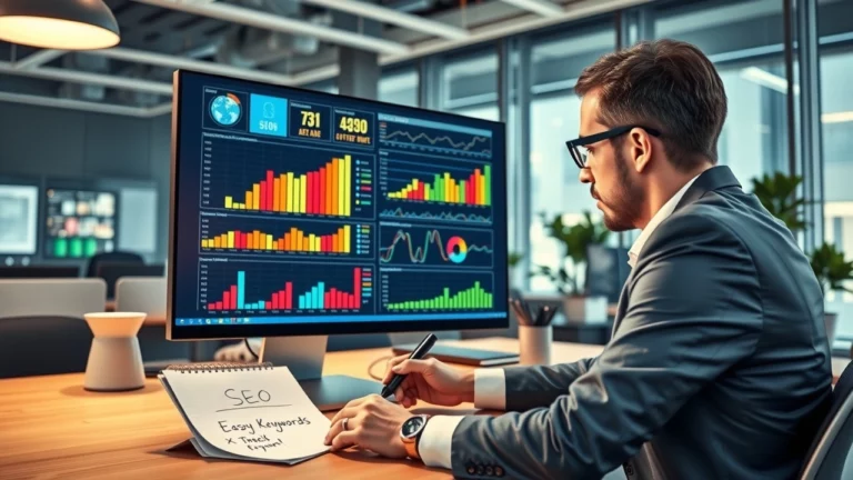 Un bureau moderne avec une personne utilisant l'IA pour optimiser une stratégie SEO.