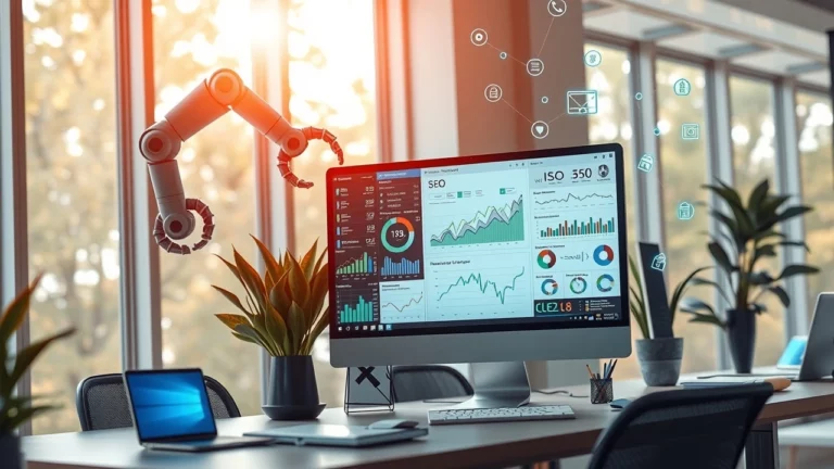 Une scène montrant un espace de travail moderne avec des analyses de données SEO et l'intelligence artificielle.