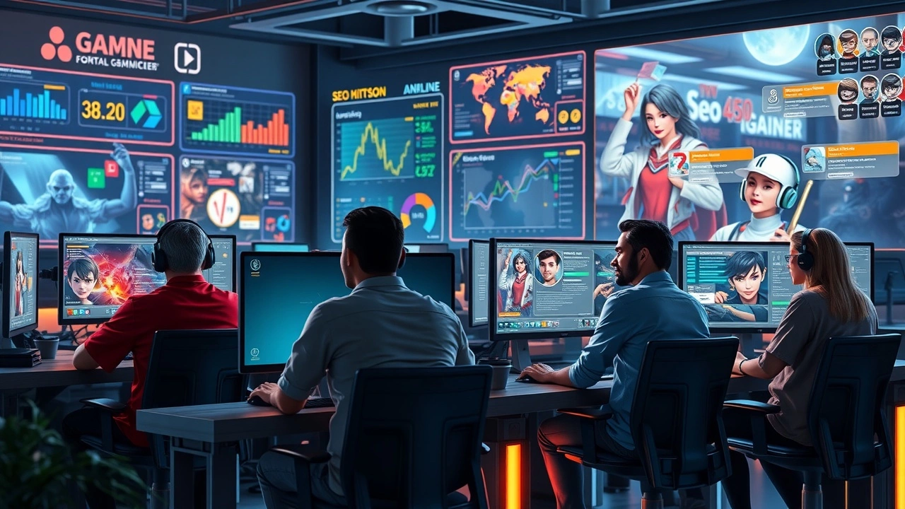 Une illustration réaliste de développeurs optimisant le SEO pour attirer des joueurs dans un environnement de jeux en ligne.