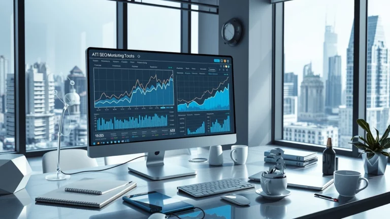 Une représentation photoréaliste d'un outil de veille SEO alimenté par l'IA dans un espace de travail moderne, avec des graphiques et des visualisations de données sur un écran d'ordinateur.