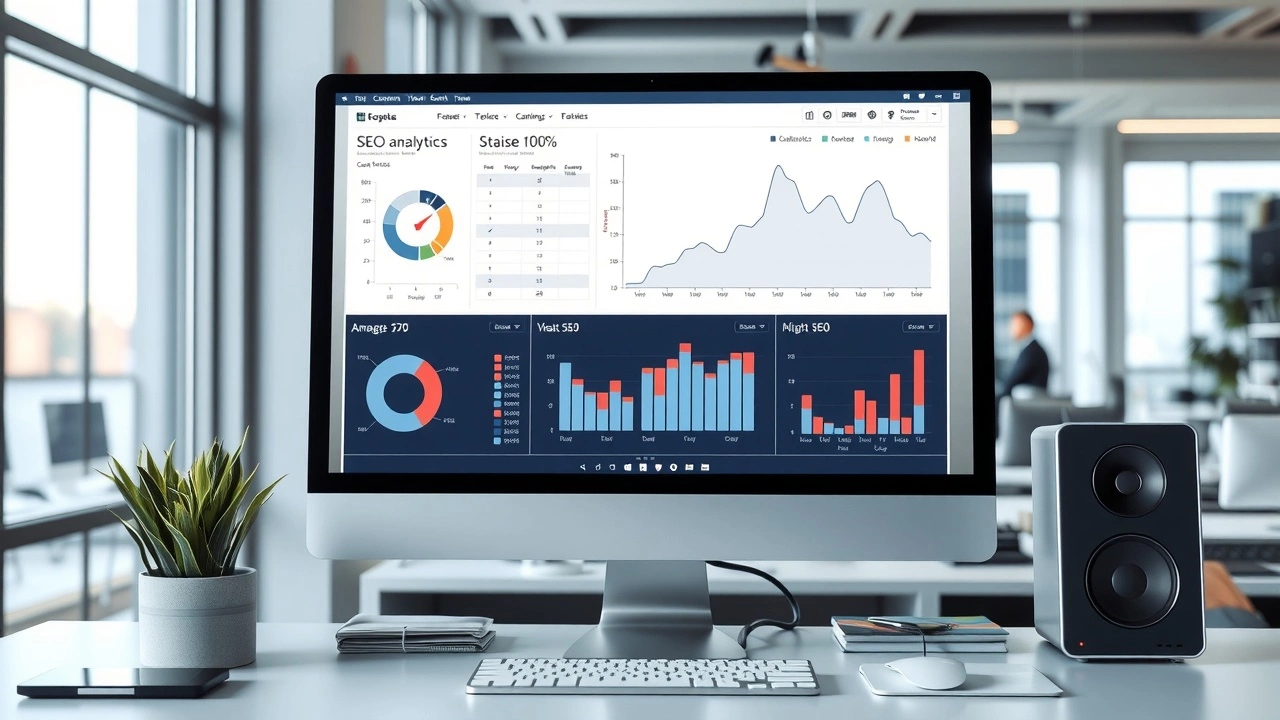 bureau moderne avec ecran affichant analyses SEO
