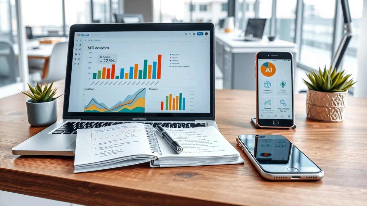 bureau moderne avec ordinateur et analyse SEO