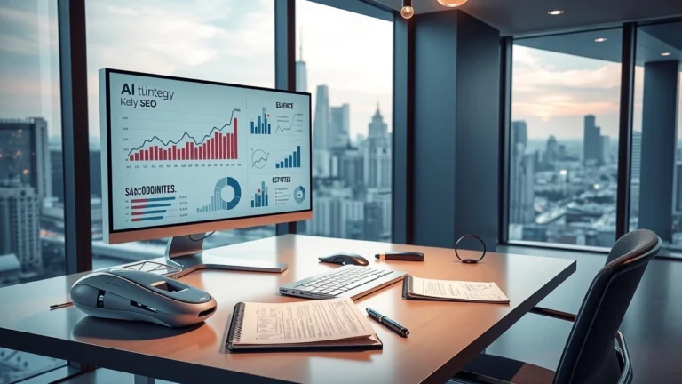 Un bureau moderne illustrant des stratégies de référencement dans un environnement dominé par l'intelligence artificielle.